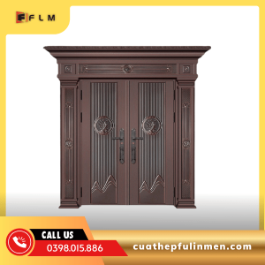Cửa thép 4 cánh lệch chạm khắc cao cấp -FLM20